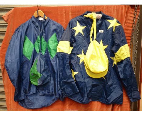 Two sets of racing silks one by "Gibsons of Newmarket" navy with yellow star, and other Allerton & Co., navy with emerald dia