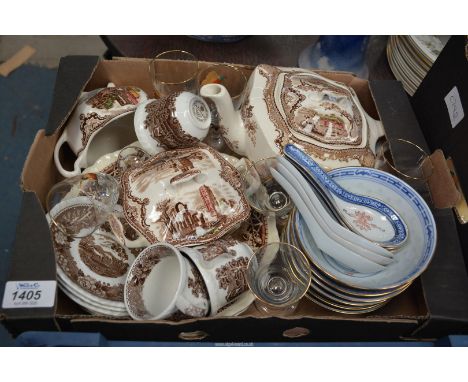 A quantity of china to include: three piece Johnson Bros "Old Britain's Castles" teaset, two Masons bowls "Vista" and "Bow Be