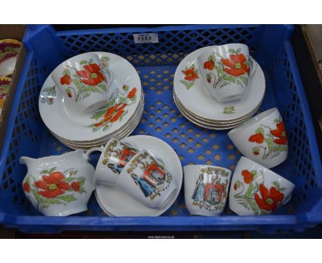 A Victoria Czechoslovakian tea set with floral poppies design and three Edinburgh souvenir coffee cups.