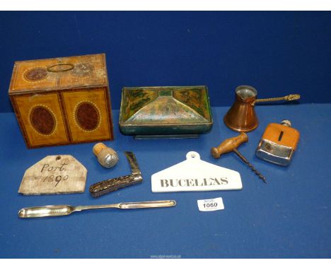 A small quantity of miscellanea, incl. a 'Bucellas' ceramic cellar bin label, and a wooden 'Port 1890' label, silver plated m