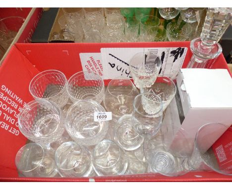 A quantity of glasses to include: a set of six Darlington stemless wine glasses, a Waterford decanter, a set of four Villeroy