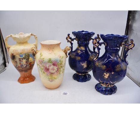 Two blue vintage Vases, a Crown Devon vase and another.
