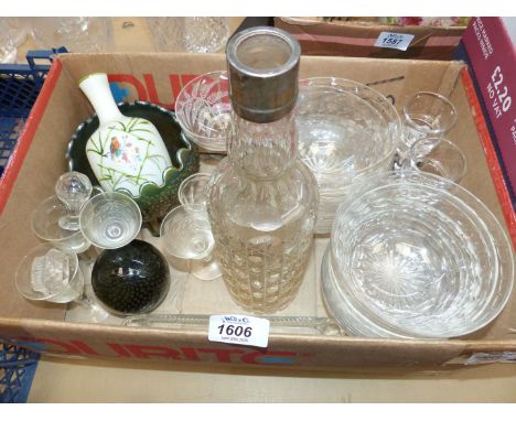A quantity of glass incl. a set of ten cut glass bowls, Holmegard paperweight, an etched fern champagne coup, green carnival 