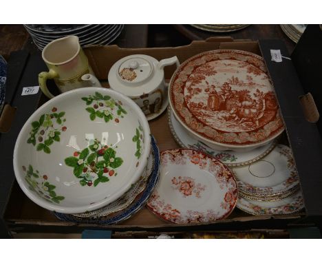 A quantity of china to include: Portmeirion "Summer Strawberries" bowl, Indian Tree plate, Royal commemorative teapot, etc.