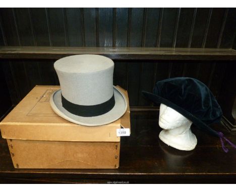 A boxed grey Top Hat by Scott & Co and an Ede & Ravenscroft Tudor Bonnet.
