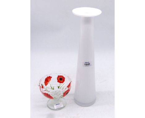 A tapered white glass Vase with a flat inverted rim and a clear base, 16" tall, along with a wavy rimmed footed Bowl having a