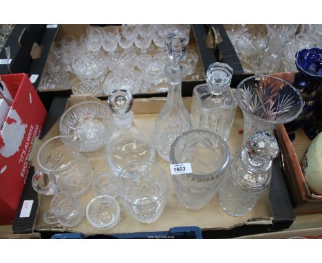 A quantity of crystal glass to include: decanters, a Stuart jug, vases, ring holder, Edinburgh vase, etc.