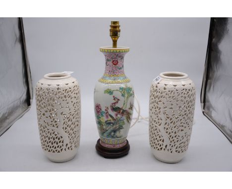 A pair of blanc-de-chine Lamp bases, approx. 10 1/2" x 5" diameter, and a Chinese Famille rose porcelain Vase re-purposed as 