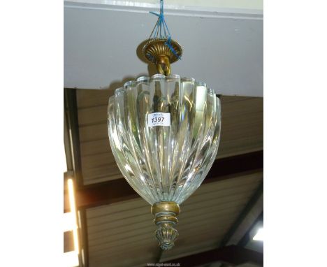 A very heavy lobed Light Shade complete with triple bulb holders within and brass/ormolu fittings and ceiling bracket, 15 1/2