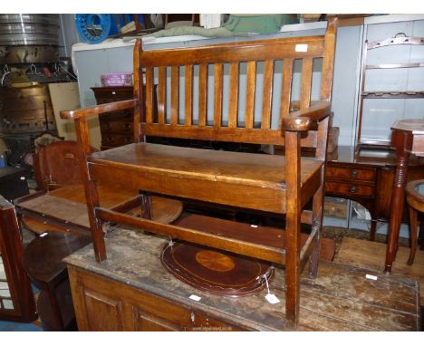 A very appealing peg-joyned Oak Settle of compact dimensions, 38" wide x 17" deep x 37 3/4" high, (the seat 19" high).