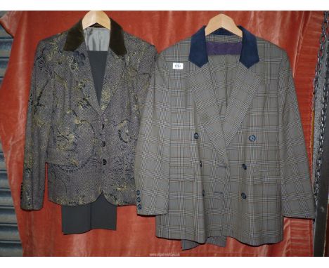 Two ladies vintage trouser suits, both with velvet collars, one by Brian Tucker made in Ireland, with matching trousers, size