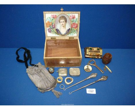 A cigarette box, silver handled button hooks, a chain-mail bag, a double-sided portrait locket, a vesta case, etc.,