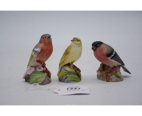 A Royal Worcester model of a wood warbler, another of a chaffinch, and another of a bullfinch, all approximately 3" tall.