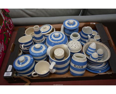 A large quantity of Cornishware to include: a T.G. Green teapot, egg cups, sugar basin, jugs, etc.