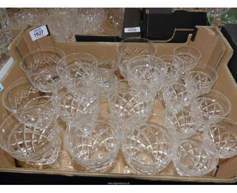 A quantity of wine and sherry glasses to include: Stuart and Webb's, plus a small cream jug.