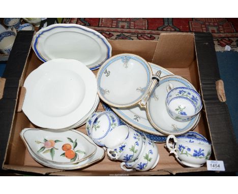 A quantity of china incl. Villeroy & Boch Arco Weiss nine soup bowls, pretty pale blue and gilt serving platters and dish, Ro
