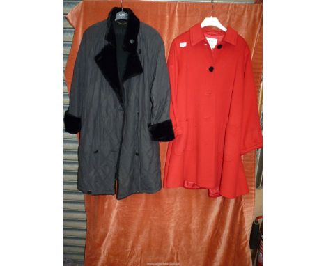 A quilted Basler black 3/4 length Coat with faux fur trim, and a ladies Jaeger wool 3/4 length swing Coat in berry red, both 