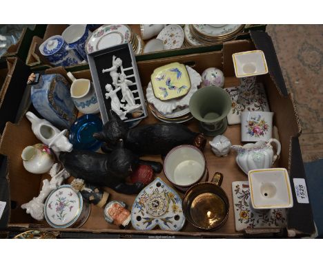 A quantity of china ornaments to include Limoges trinket dishes, lustre mugs, Spode lidded pot, a pair of black cats, Julia W