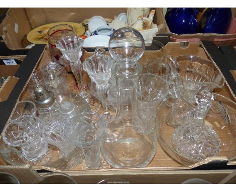 A quantity of pressed and cut glass to include: vases, bowls, jugs, sugar sifter, etc.
