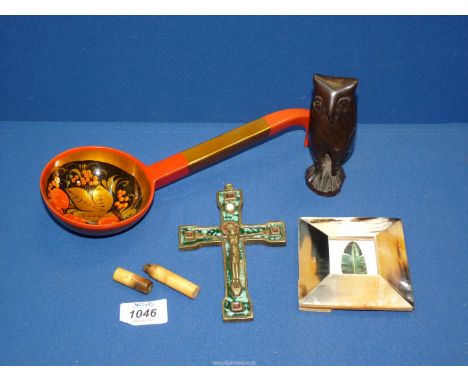 A brass and enamel French crucifix stamped Piechard, 6" long,  a horn photograph frame, 19th century boxwood needle case, a l