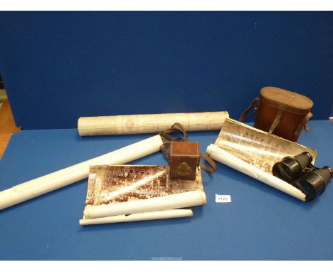 A cased pair of field glasses, London Stereoscope and Photographic Co., a leather box of slide plates, a Waring & Gillows dra