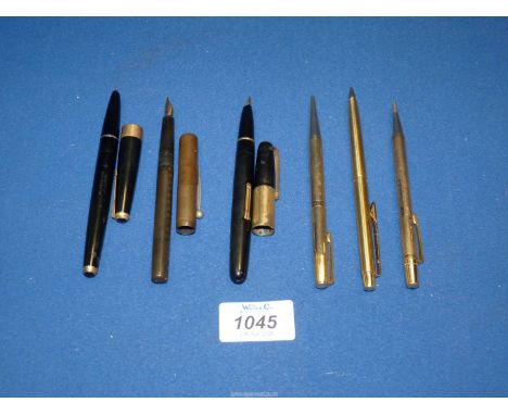 Two rolled gold Yard-o-led pencils and a Papermate biro, a Waterman Ideal fountain pen, a Parker fountain pen and another dif