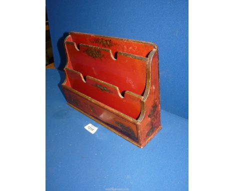 A Cinnabar red Chinoiserie Letter Rack, 12" wide x 3" deep x 8 1/2" high.