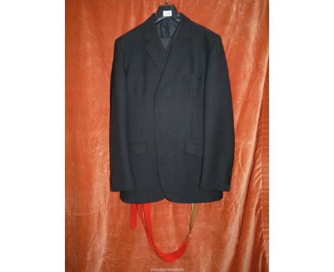 A pair of gentlemen's pinstripe black trousers with red braces, size XL, and a gentlemen's black jacket and waistcoat, size X