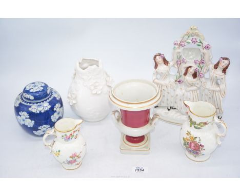 A small quantity of china to include: Staffordshire flatback, Two Royal Worcester jugs, an oriental ginger jar, etc.