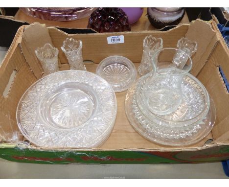 A small Jug decorated with a birds, four small cut glass posy vases, seven glass plates in cut glass, and two dessert dishes.