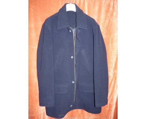 A large size Caribou wool and cashmere navy blue Coat of zip/ button style and lined.