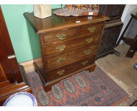 A compact Mahogany Bachelor's Chest of three long and two short Drawers having shaped back plate, brass handles and standing 