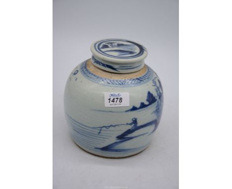 A blue and white Oriental ginger Jar with lid (chipped).