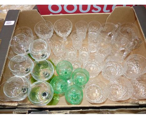 A quantity of cut and coloured glasses to include Webb's small tumblers, heavy cut and etched whiskey glasses, hock glasses, 