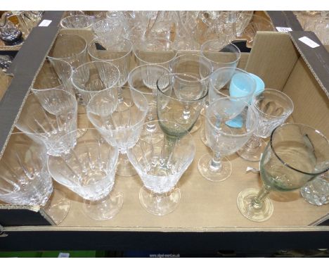 A quantity of wine glasses, toasting glass and turquoise glass goblet.