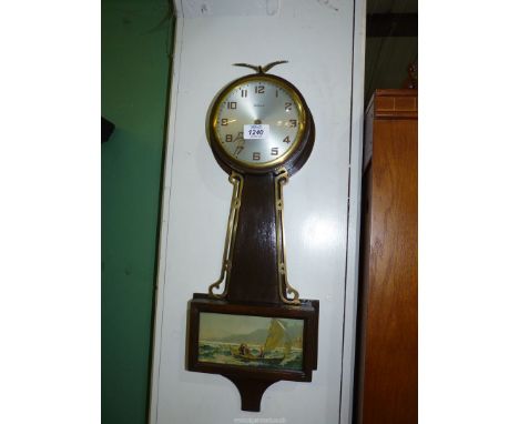 An uncommon brass-mounted "Gilbert" Banjo wall-clock surmounted by a Seagull in flight and with an illustration of a sailing 