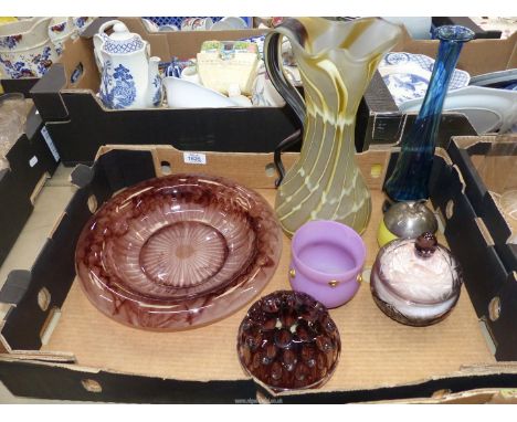 A quantity of coloured glass to include: a David Anderson mauve flower bowl and frog, an Art glass jug, Wedgwood blue/green m