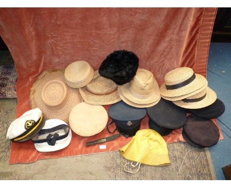A quantity of vintage Hats to include: H.M. Prisons E.R. peaked cap, a Army and Navy Hat cap Co. Ltd, Sailors cap, "Cutty Sar