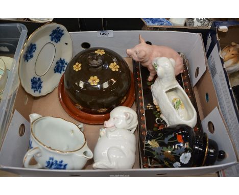 A small quantity of china to include: Studio pottery cheese dome and stand, a pig sauce pot, a sandwich tray, etc.