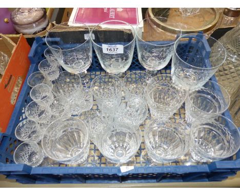 Ten cut glass liquor glasses, four large wine glasses engraved with seasonal scenes of a church and six wine/champagne flutes