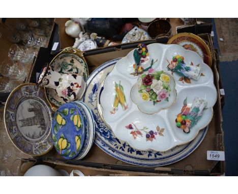 A quantity of china to include; Royal Worcester "Evesham" Hors D' Oeuvres dish, three miniature "Balloon Seller" figures, Mas