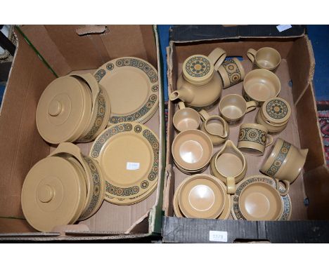 Two boxes of Kiln Craft 'Bacchus' Pottery to include 6 dinner plates, 6 side plates, 6 bowls, teapot, 3 tea plates, 2 lidded 