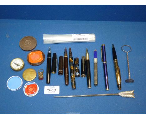 A quantity of miscellaneous Pens incl. two Swan Mabie Todd & Co fountain pens with 14ct nibs, an agate squirrel seal, a woode