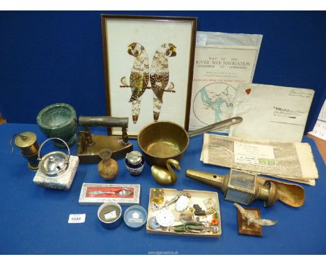 A box of miscellaneous to include: a Victorian brass flat iron with a rising fire grate, a miniature brass miner's lamp and a