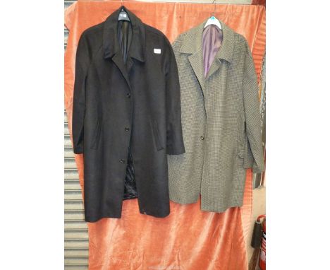 A Johnson's 100% cashmere black Coat and a Brook Taverner gentleman's Tweed Coat, approx. size large.