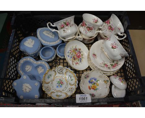 A small quantity of china to include: Royal Albert "Lavender Rose" part teaset, Wedgwood Jasperware trinket pots, Dresden tri