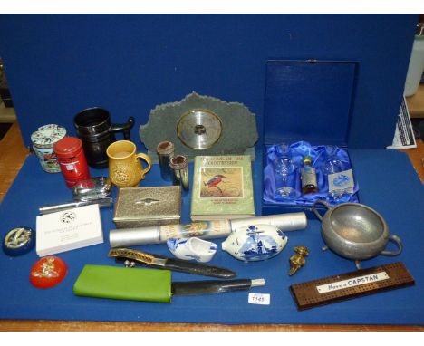 A quantity of miscellaneous to include: a pewter two handled dish, 7 wide x 3 1/2" high, a commemorative whiskey and glasses 