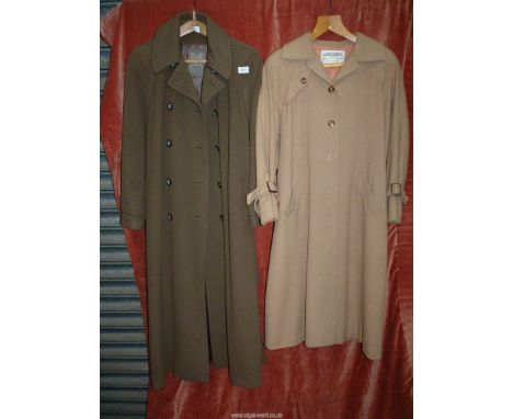 A ladies Jaeger wool and camel hair single breasted belted Coat, size 12 and a Cashmere and wool "Mansfield" Overcoat, size 1
