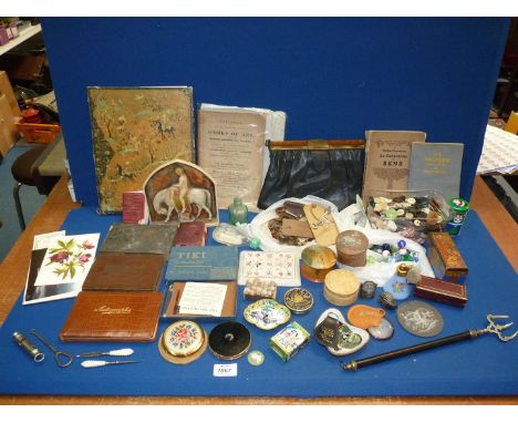 A quantity of misc incl. vintage handbag and buttons, Stratton compact, cloisonne matchbox holder, copper printing block, mar