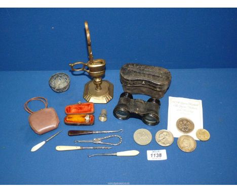 A quantity of miscellanea to include brass candle snuffer, scissors and stand, a cased pair of opera glasses, a cased cheroot